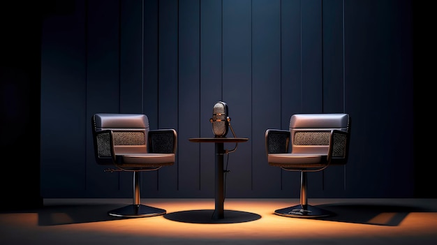 Two chairs with a microphone on the left and a microphone on the right.