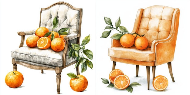 Photo two chairs with oranges and leaves watercolor illustration