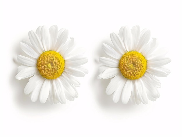 Two chamomile flowers with white petals and yellow centers positioned against a seamless white background The image emphasizes the purity and simplicity of the flowers capturing their delicate