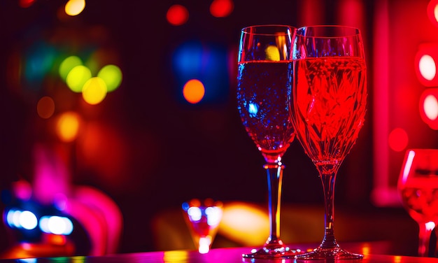 Two champagne glasses alcoholic beverages are illuminated with different rainbow colors with predominantly red on a defocused background with a bokeh effect