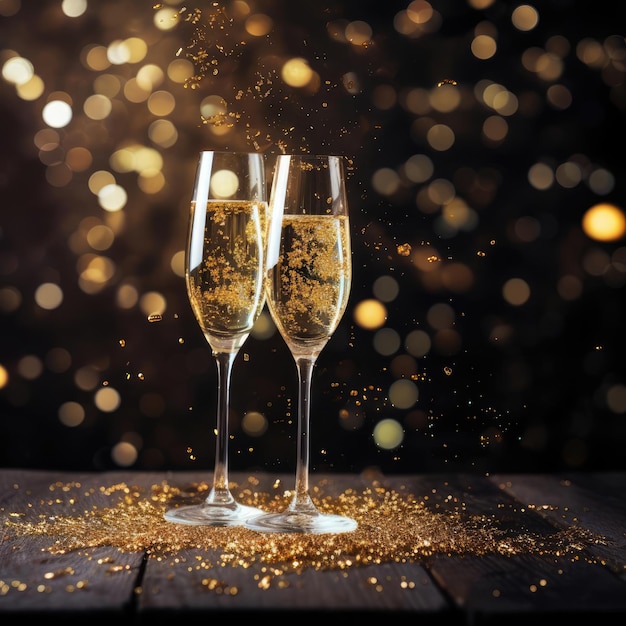 Two champagne glasses on a blurred gold background