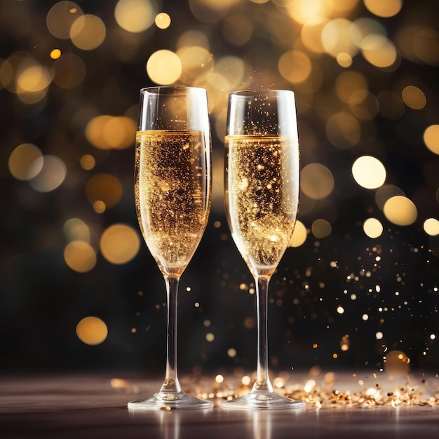 Two champagne glasses on a blurred gold background