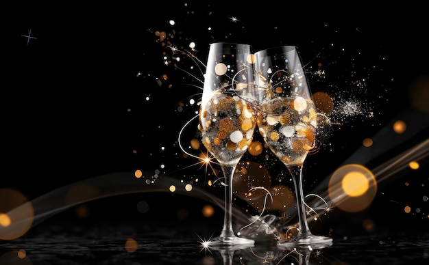 Two champagne glasses on a blurred gold background