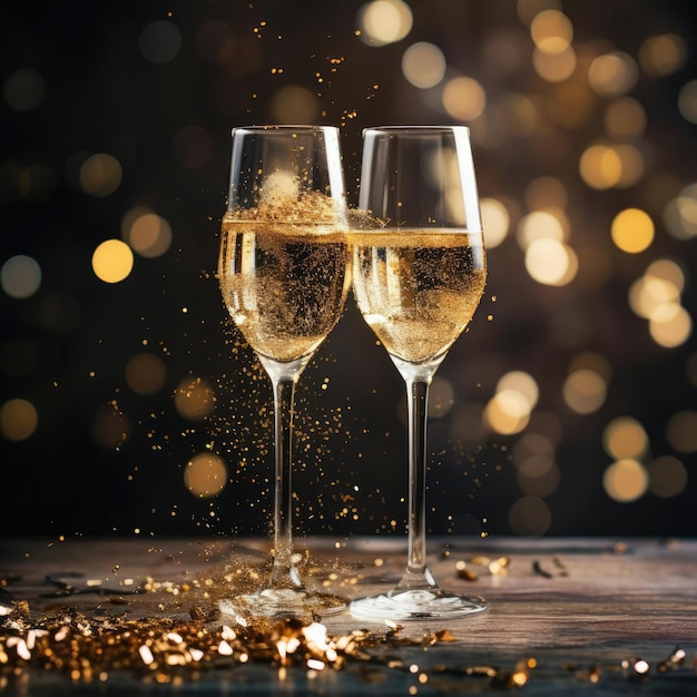 Two champagne glasses on a blurred gold background