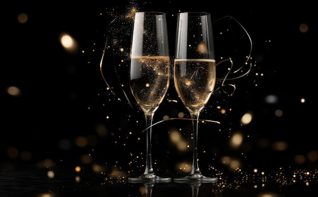 Two champagne glasses on a blurred gold background