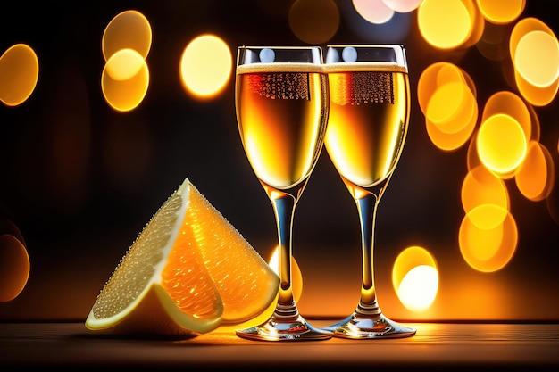 Two champagne glasses on bokeh background