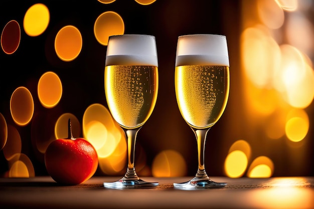 Two champagne glasses on bokeh background