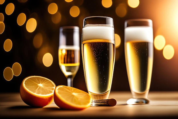 Two champagne glasses on bokeh background