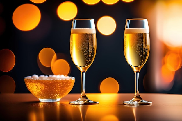 Two champagne glasses on bokeh background