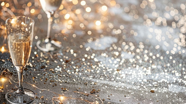 Photo two champagne glasses with bokeh lights on glittery surface