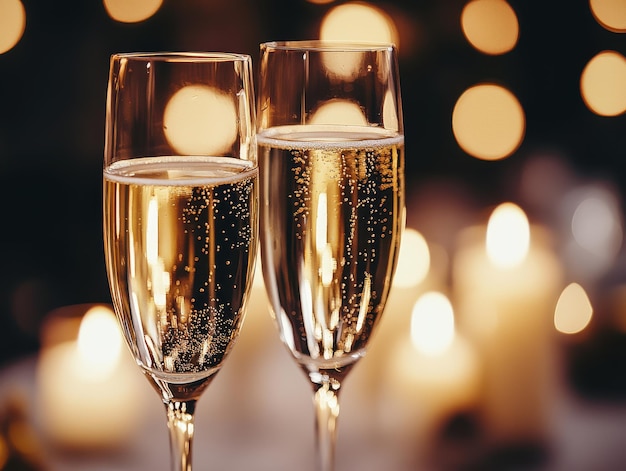 Two Champagne Glasses with Bokeh Lights