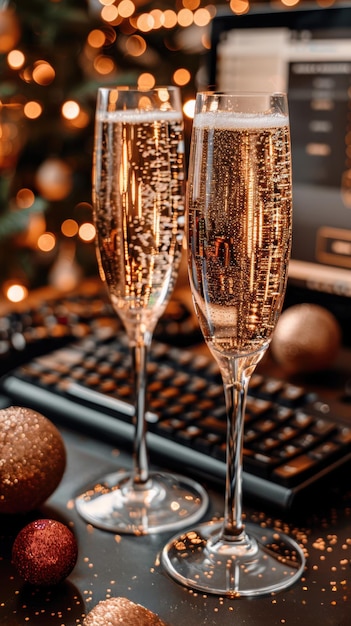 Two champagne glasses with Christmas decorations on a desk