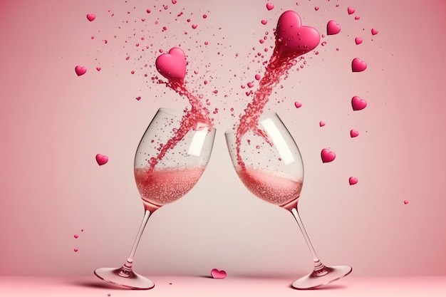 Two champagne glasses with splashes of red heart shaped confetti on a pink background stand