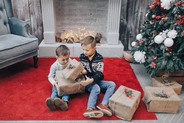 Two charming boys open Christmas presents box