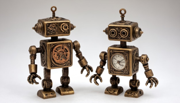 Photo two charming steampunk robots showcase detailed craftsmanship and vintage elements in a welllit studio environment