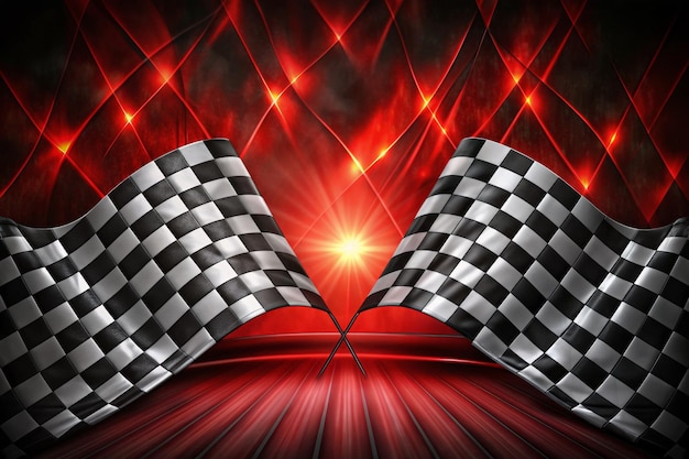 Two checkered flags are on a red surface