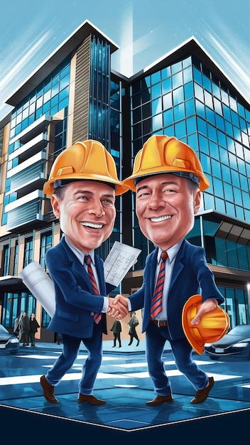 Two cheerful businessman handshaking in helmet at new building