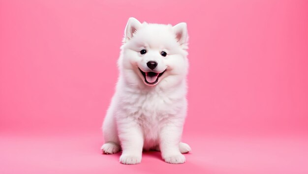 Photo two cheerful samoyed puppies against a pink background radiating joy