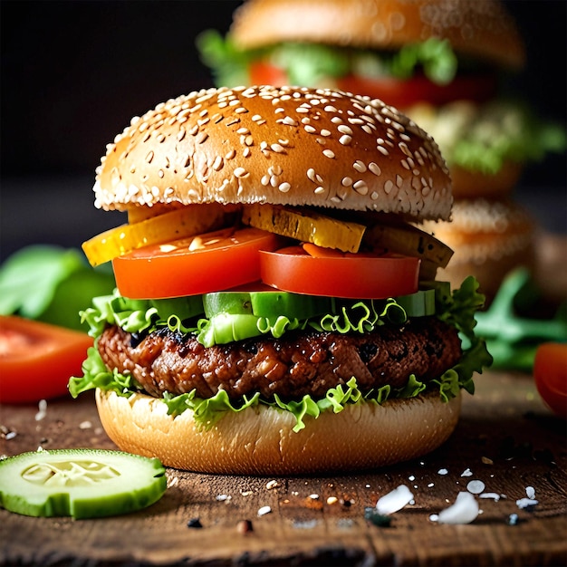 Two cheeseburgers on sesame buns with succulent beef patties and fresh salad ingredients served with