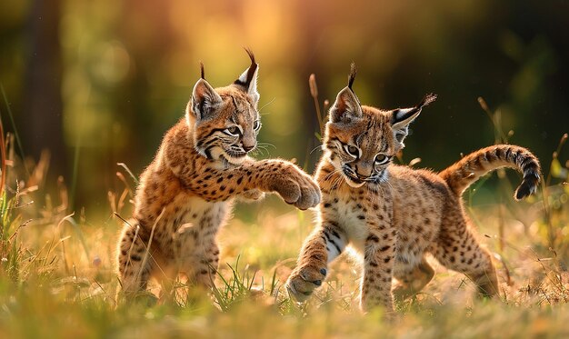 two cheetahs are playing in the grass one of them has a paw in its mouth