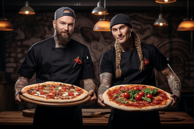 Two chefs holding italian pizzas on bamboo platters in front of the window