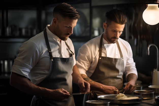 Two Chefs on a Kitchen in the Style of Precisionist Line Art