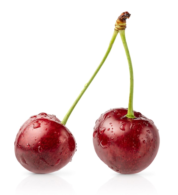 Two cherries with drops of water Clipping path isolated on white background