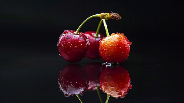 Photo two cherries with water droplets on them one of which is red