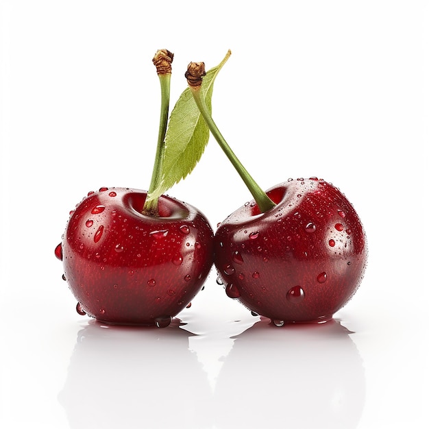 Photo two cherries with water drops on them one of which has the word quot pomegranate quot on it