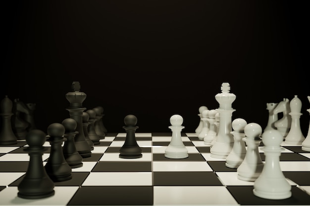 Two chess armies on the wooden chessboard. Empty place for text. chess battle,Chess victory,chess concept,3d illustration