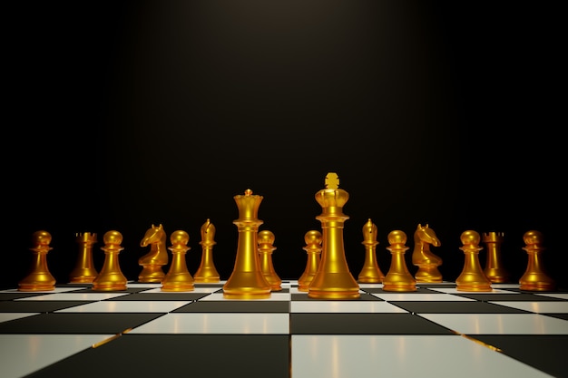 Two chess armies on the wooden chessboard. Empty place for text. chess battle,Chess victory,chess concept,3d illustration