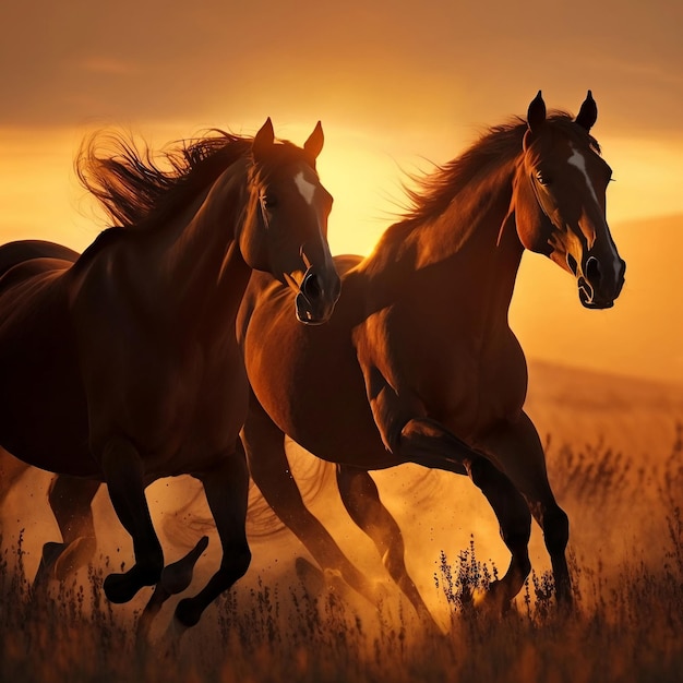 Two chestnut horses galloping in a sunlit field at sunset Generative Ai