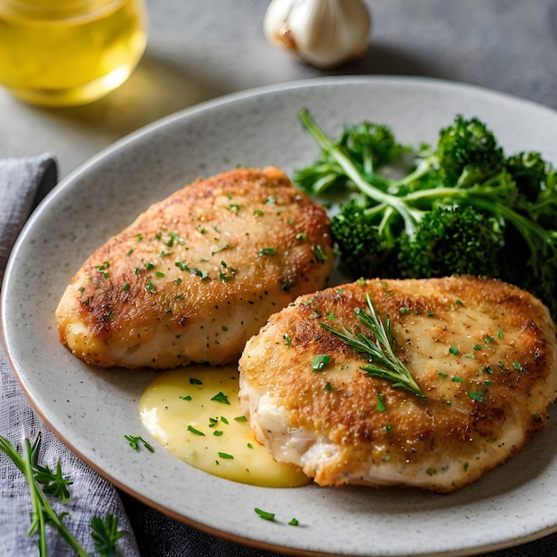 two chicken breasts with parsley on a plate with broccoli