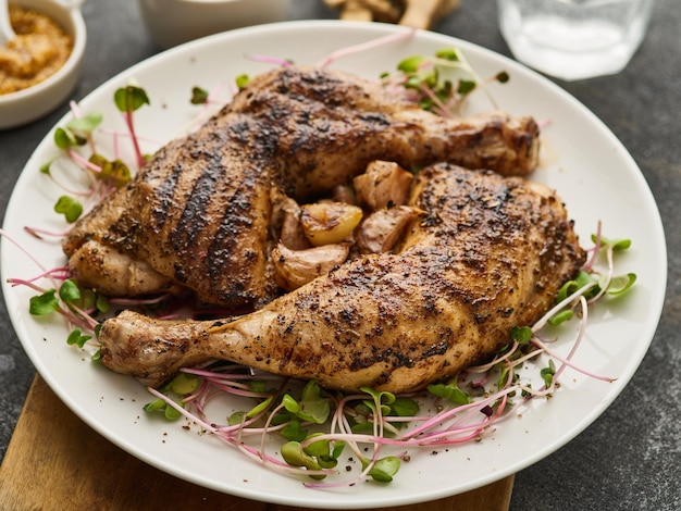 Two chicken legs grilled with garlic on a white plate