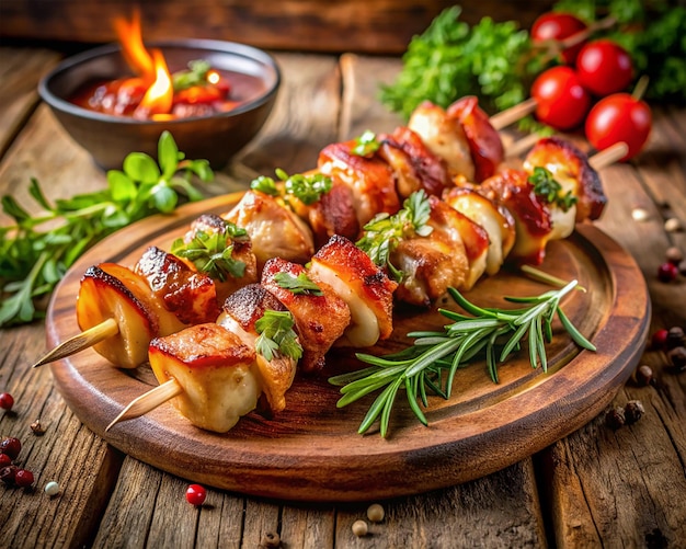 two chicken skewers with bacon on a rustic board with rosemary coriander tomato and other spices