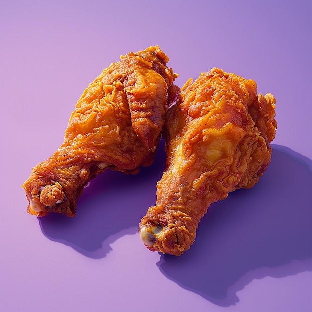 two chicken wings are shown on a purple background