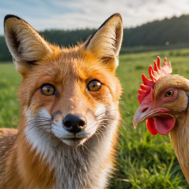 Photo two chickens are in a field with one of them has a chicken on its head