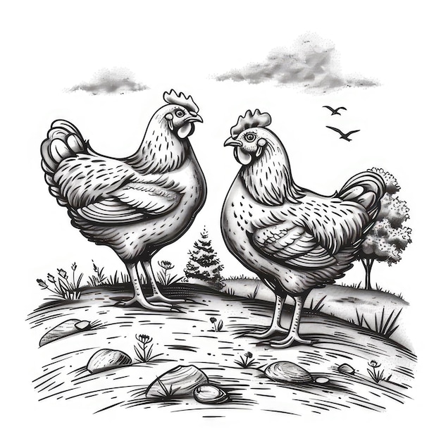 two chickens are standing in a field with a sky background