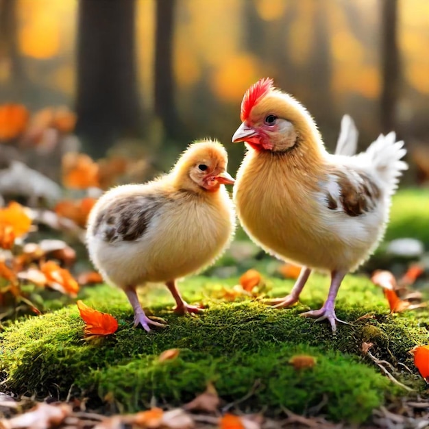 two chickens on a moss covered log with the sun behind them