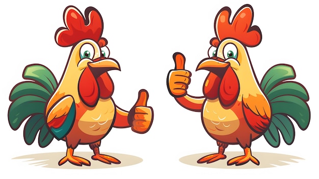 Photo two chickens with their thumbs up showing thumbs up