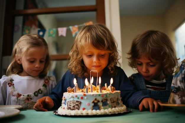 Two children are blowing out the candles on a birthday cake.