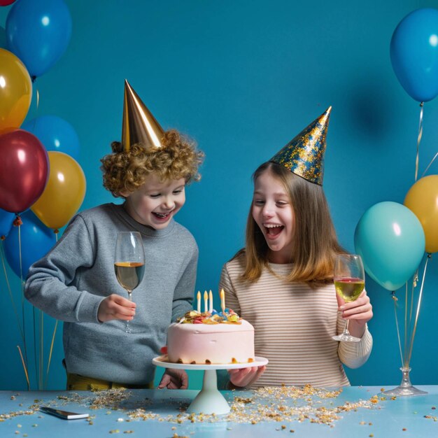 Photo two children are celebrating a birthday with a cake and a cake with balloons on it