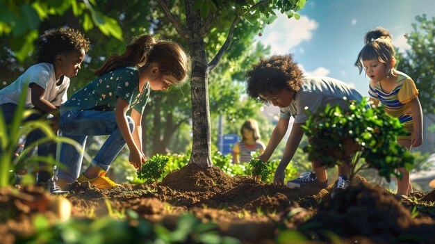 Photo two children are digging in the dirt with a sign that says quot children quot