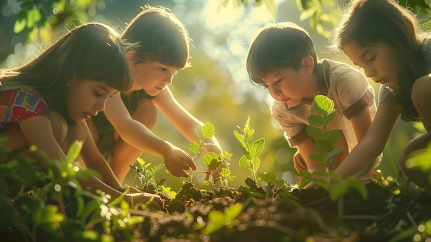 Photo two children are digging in the soil with plants