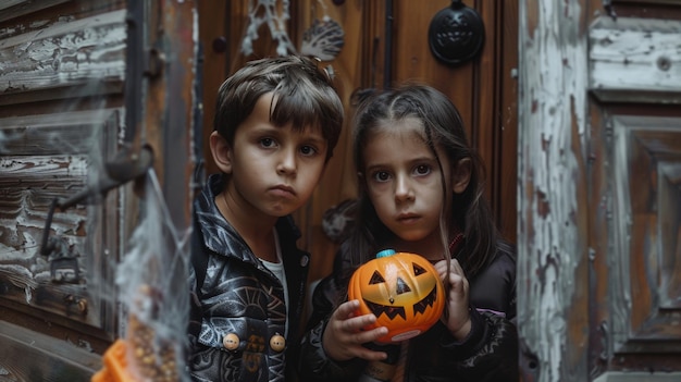 two children are in front of a door with a pumpkin that says  halloween