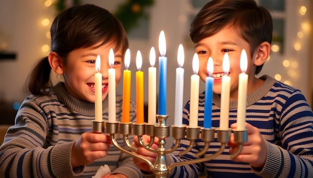 Photo two children are holding a menorah with the words jewish holiday on the top