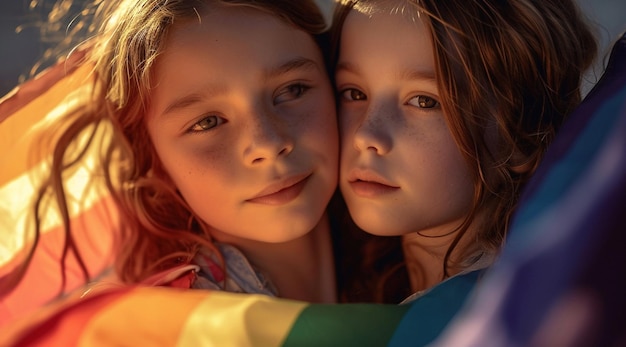 Photo two children are hugging and one is holding a rainbow colored balloon