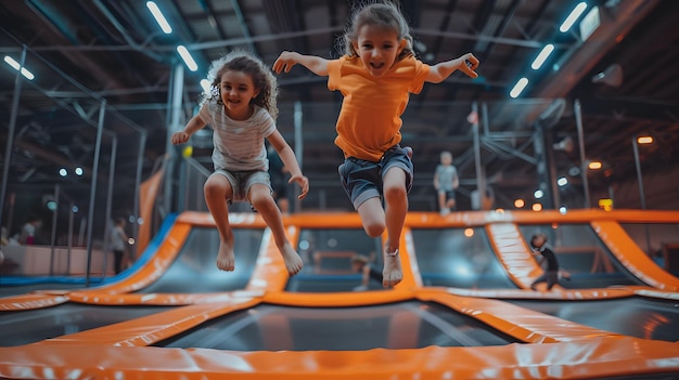 two children are jumping on a trampoline with an orange background