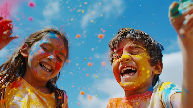 Photo two children are laughing and having fun with colored bubbles