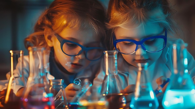 two children are looking at a test tube with the words quot twine quot on the bottom